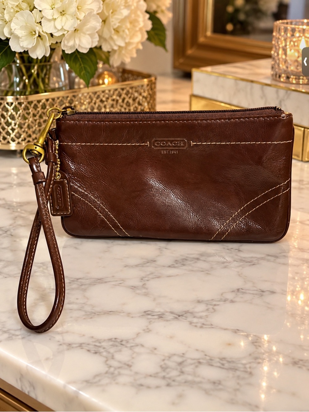 Coach Brown Leather Wristlet with Detachable Strap